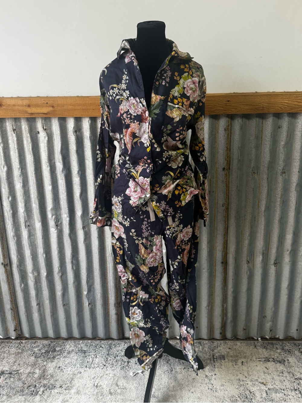 Papinelle Floral Cotton Pajama Set in Navy with Pink & Green Blooms